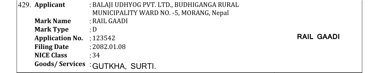 Original bulletin entry for RAIL GAADI