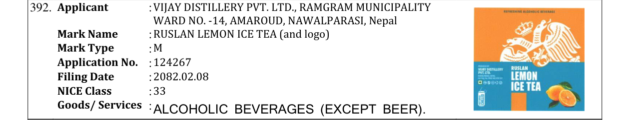 Original bulletin entry for RUSLAN LEMON ICE TEA (and logo)