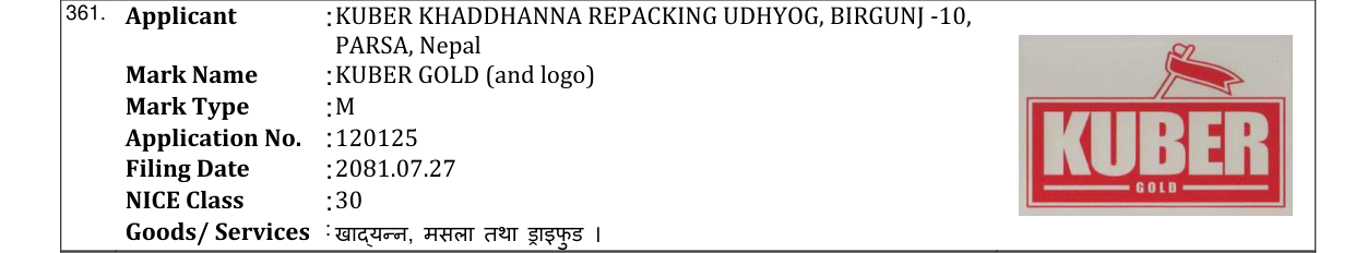 Original bulletin entry for KUBER GOLD (and logo)