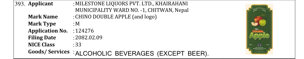 Original bulletin entry for CHINO DOUBLE APPLE (and logo)
