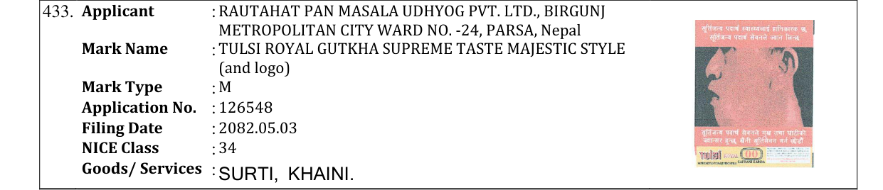 Original bulletin entry for TULSI ROYAL GUTKHA SUPREME TASTE MAJESTIC STYLE (and logo)