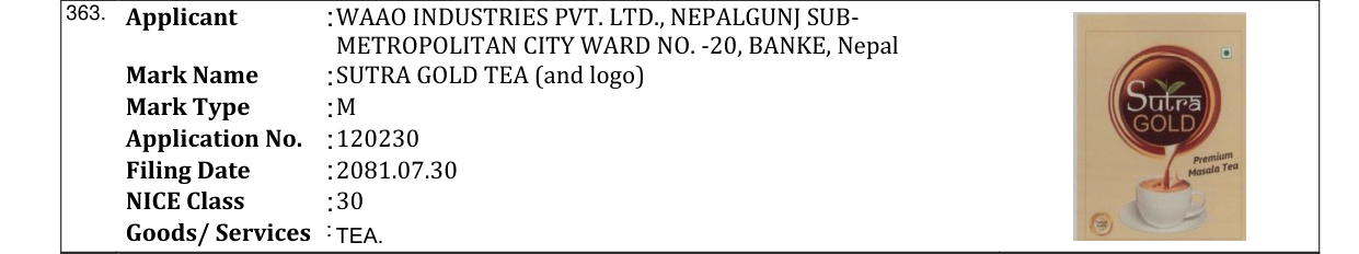 Original bulletin entry for SUTRA GOLD TEA (and logo)