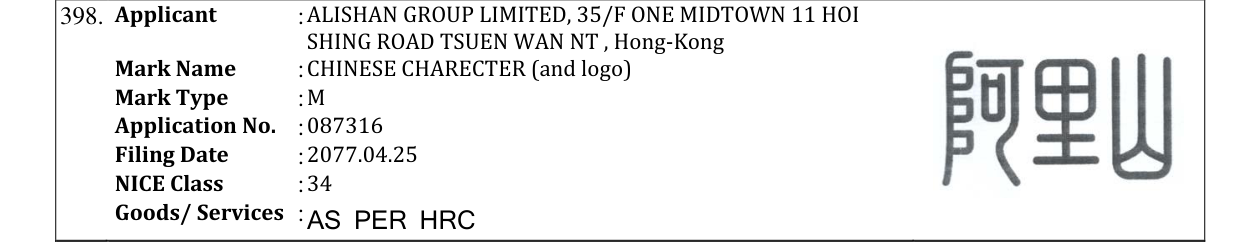 Original bulletin entry for CHINESE CHARECTER (and logo)