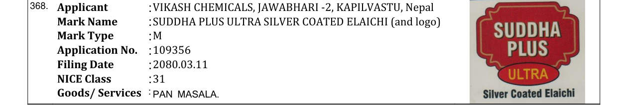 Original bulletin entry for SUDDHA PLUS ULTRA SILVER COATED ELAICHI (and logo)