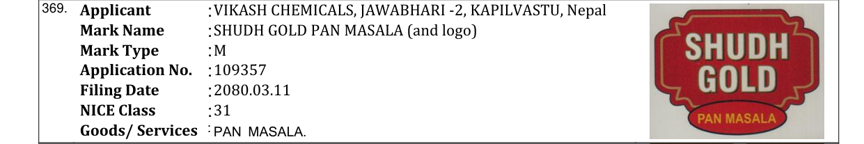 Original bulletin entry for SHUDH GOLD PAN MASALA (and logo)