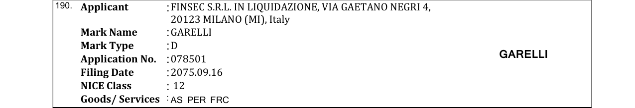 Original bulletin entry for GARELLI