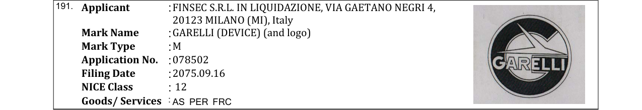 Original bulletin entry for GARELLI (DEVICE) (and logo)