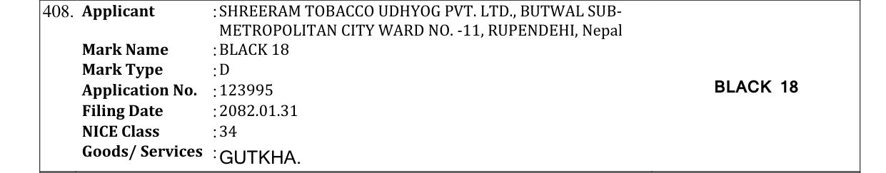 Original bulletin entry for BLACK 18