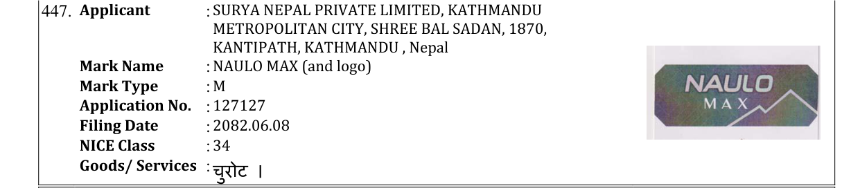 Original bulletin entry for NAULO MAX (and logo)