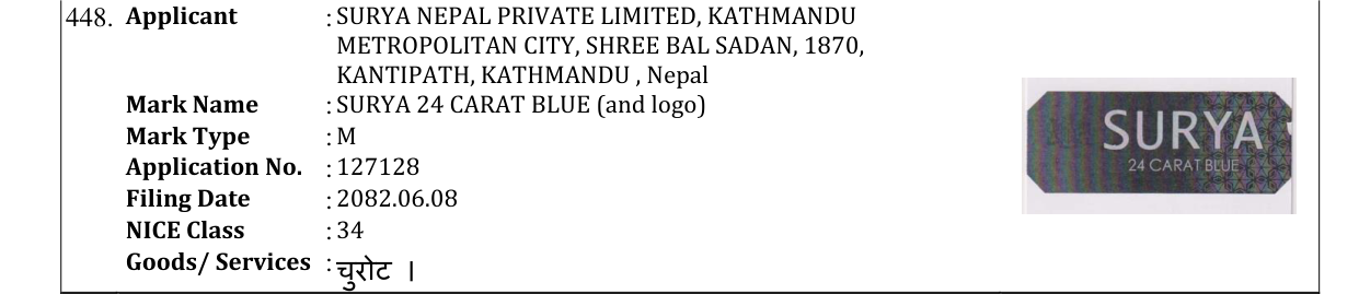 Original bulletin entry for SURYA 24 CARAT BLUE (and logo)
