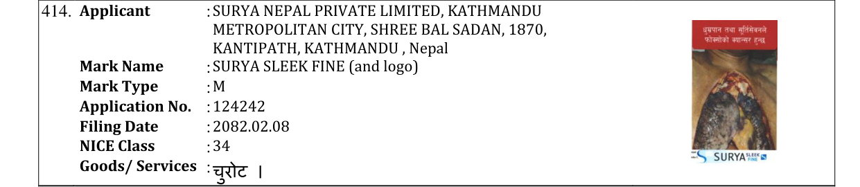 Original bulletin entry for SURYA SLEEK FINE (and logo)