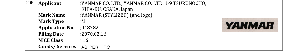 Original bulletin entry for YANMAR (STYLIZED) (and logo)