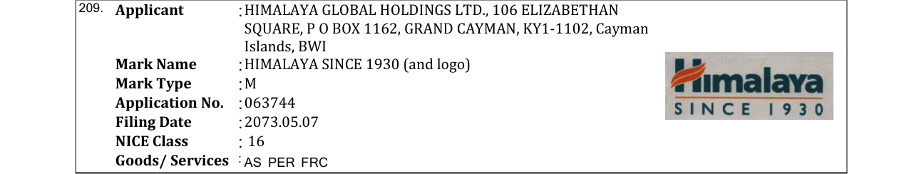 Original bulletin entry for HIMALAYA SINCE 1930 (and logo)