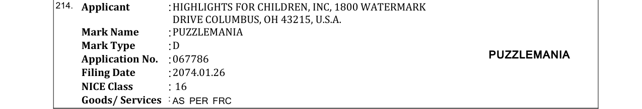 Original bulletin entry for PUZZLEMANIA