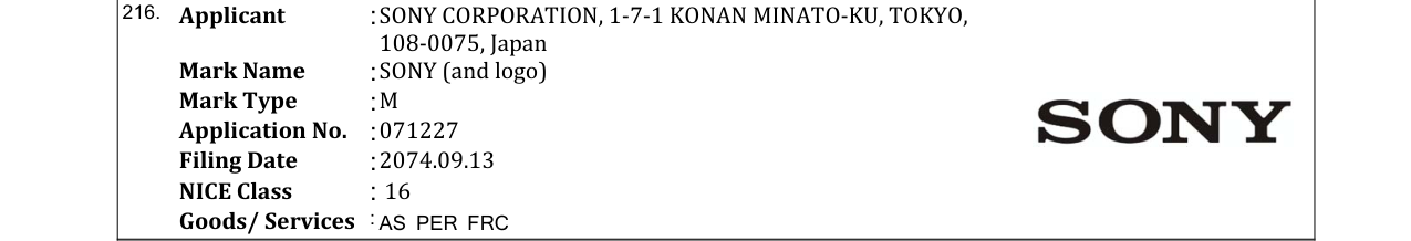 Original bulletin entry for SONY (and logo)