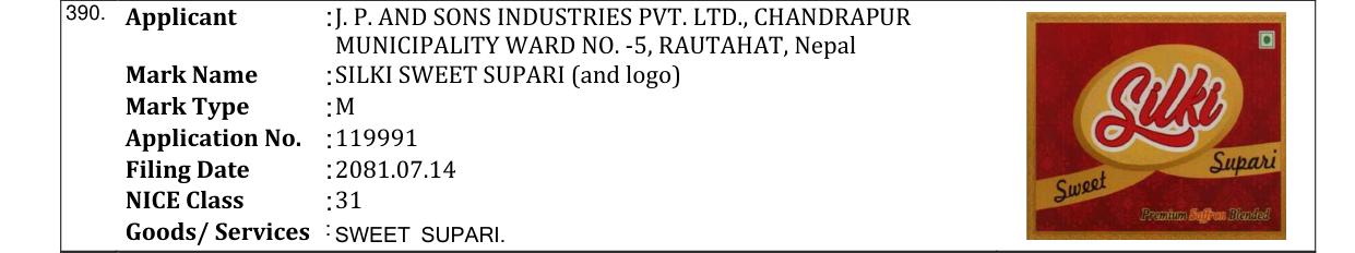 Original bulletin entry for SILKI SWEET SUPARI (and logo)