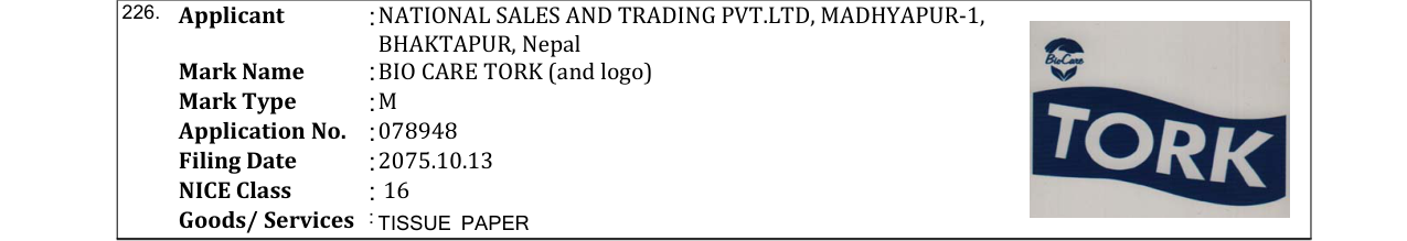 Original bulletin entry for BIO CARE TORK (and logo)