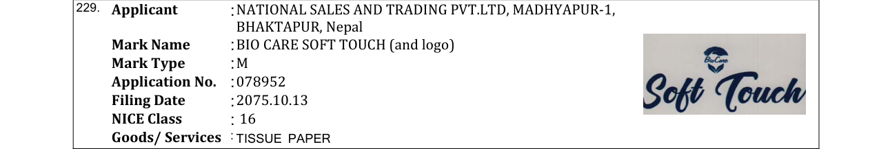 Original bulletin entry for BIO CARE SOFT TOUCH (and logo)