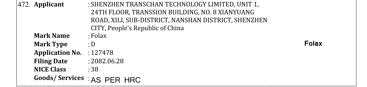 Original bulletin entry for Folax