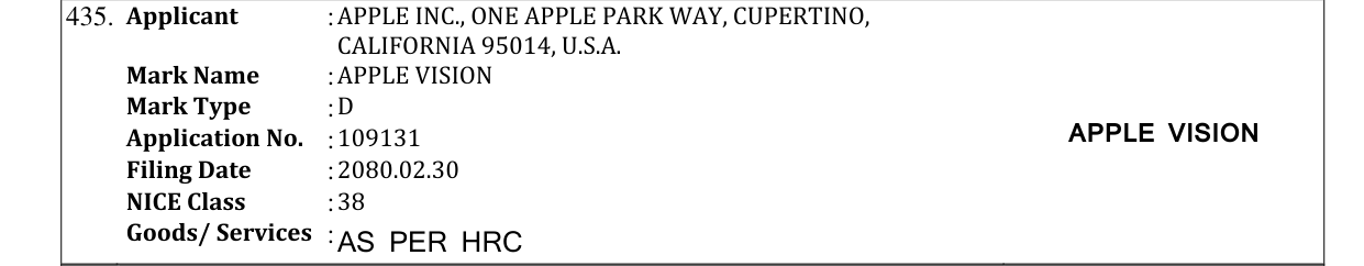 Original bulletin entry for APPLE VISION