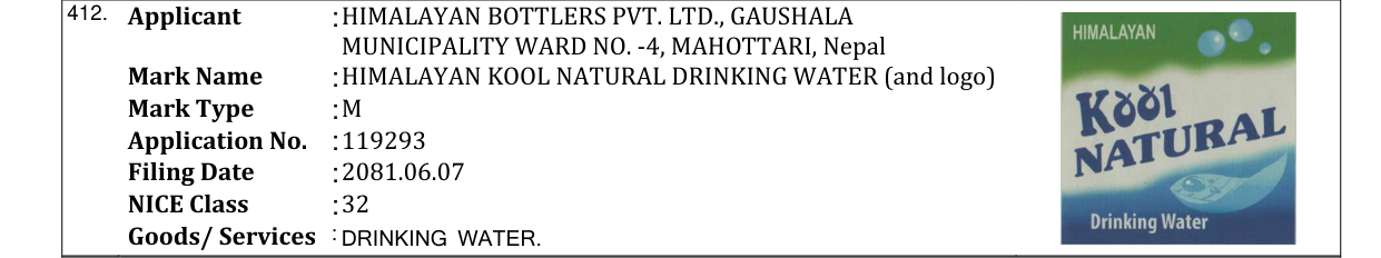 Original bulletin entry for HIMALAYAN KOOL NATURAL DRINKING WATER (and logo)