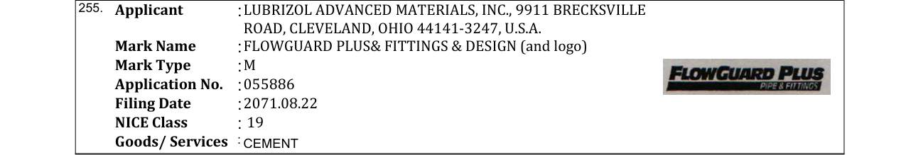 Original bulletin entry for FLOWGUARD PLUS& FITTINGS & DESIGN (and logo)