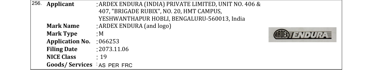 Original bulletin entry for ARDEX ENDURA (and logo)