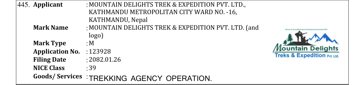 Original bulletin entry for MOUNTAIN DELIGHTS TREK & EXPEDITION PVT. LTD. (and logo)