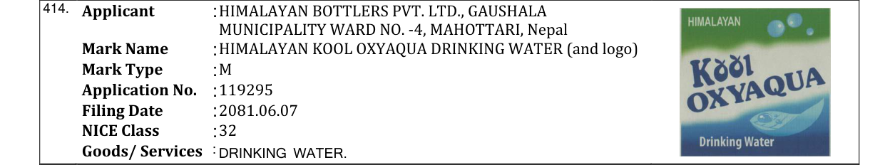 Original bulletin entry for HIMALAYAN KOOL OXYAQUA DRINKING WATER (and logo)
