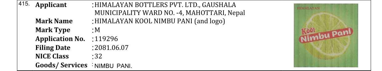 Original bulletin entry for HIMALAYAN KOOL NIMBU PANI (and logo)