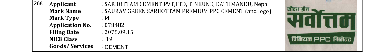 Original bulletin entry for SAURAV GREEN SARBOTTAM PREMIUM PPC CEMENT (and logo)