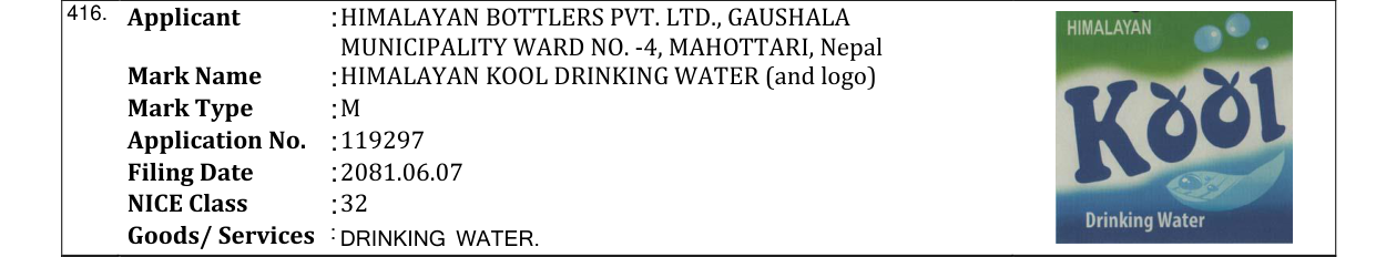 Original bulletin entry for HIMALAYAN KOOL DRINKING WATER (and logo)