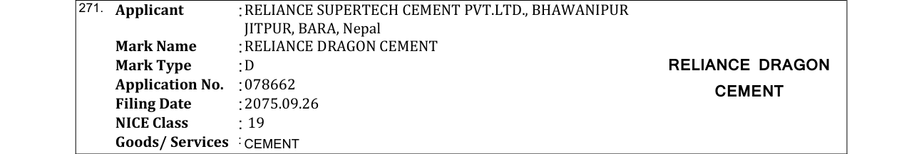 Original bulletin entry for RELIANCE DRAGON CEMENT