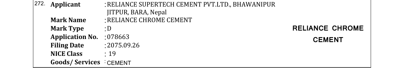 Original bulletin entry for RELIANCE CHROME CEMENT