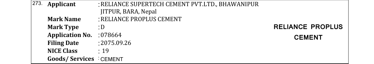 Original bulletin entry for RELIANCE PROPLUS CEMENT