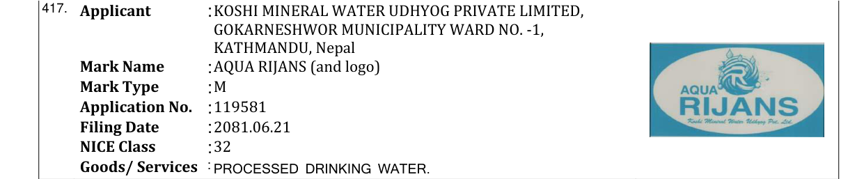 Original bulletin entry for AQUA RIJANS (and logo)
