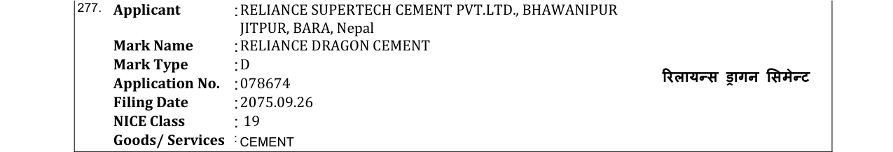 Original bulletin entry for RELIANCE DRAGON CEMENT