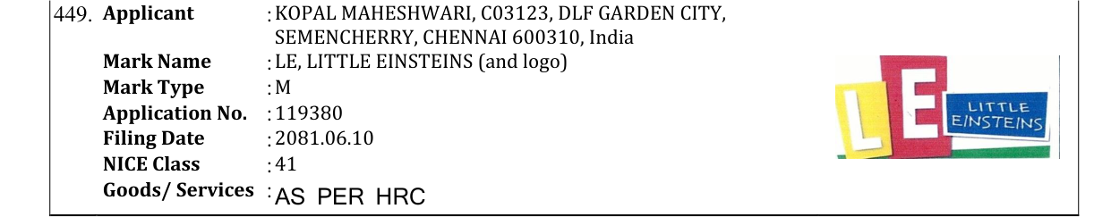 Original bulletin entry for LE, LITTLE EINSTEINS (and logo)