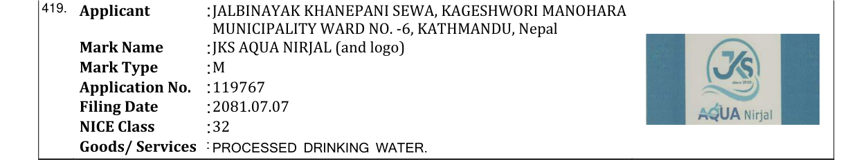 Original bulletin entry for JKS AQUA NIRJAL (and logo)