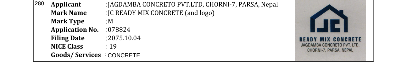 Original bulletin entry for JC READY MIX CONCRETE (and logo)