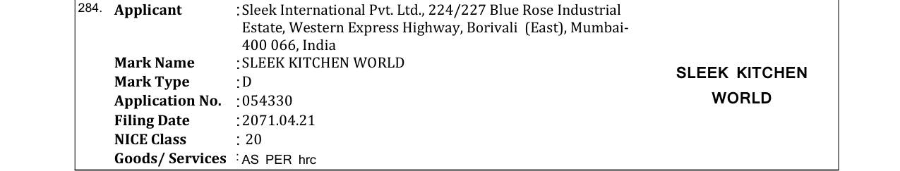 Original bulletin entry for SLEEK KITCHEN WORLD SLEEK KITCHEN