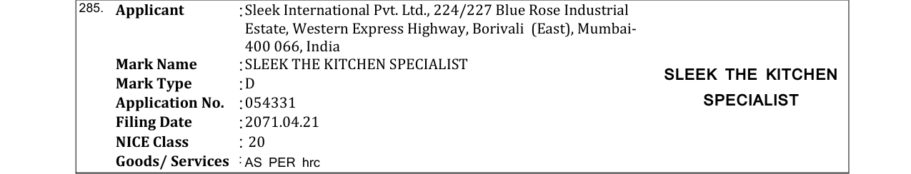 Original bulletin entry for SLEEK THE KITCHEN SPECIALIST SLEEK THE KITCHEN
