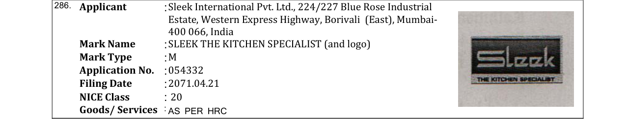 Original bulletin entry for SLEEK THE KITCHEN SPECIALIST (and logo)
