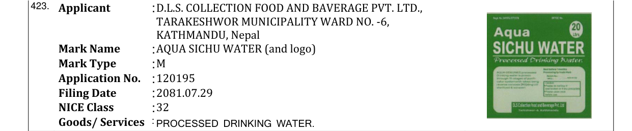 Original bulletin entry for AQUA SICHU WATER (and logo)