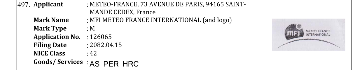 Original bulletin entry for MFI METEO FRANCE INTERNATIONAL (and logo)