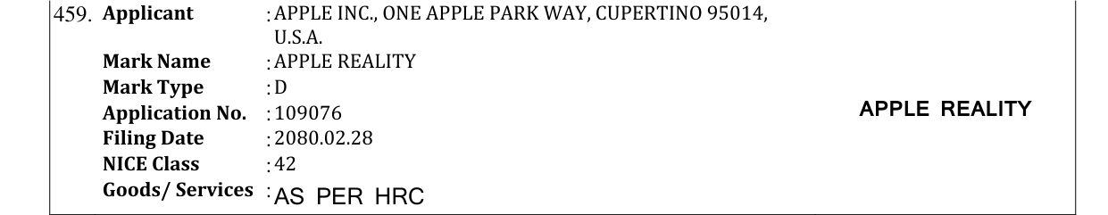 Original bulletin entry for APPLE REALITY