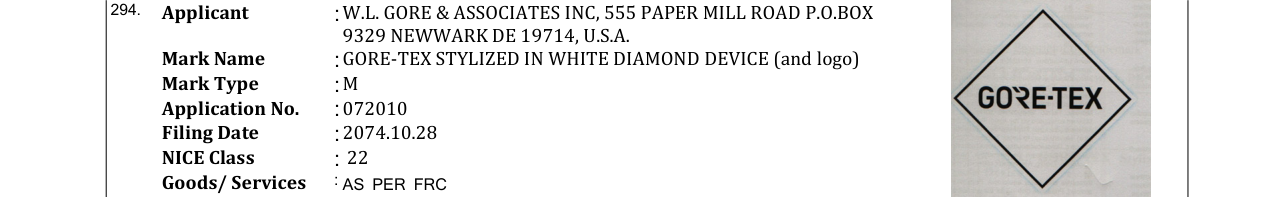 Original bulletin entry for GORE-TEX STYLIZED IN WHITE DIAMOND DEVICE (and logo)