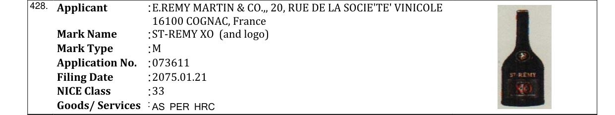Original bulletin entry for ST-REMY XO (and logo)