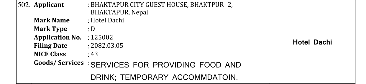 Original bulletin entry for Hotel Dachi