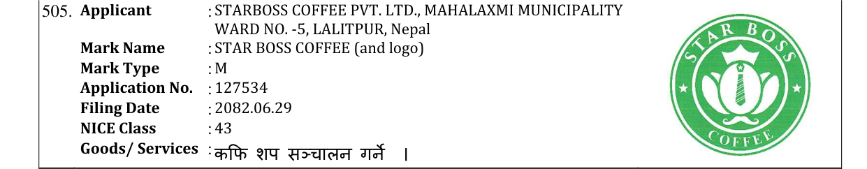 Original bulletin entry for STAR BOSS COFFEE (and logo)